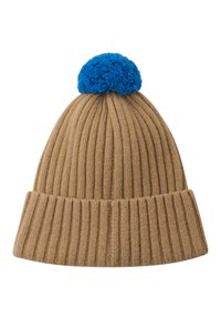 Brown ribbed knit beanie with a blue pom-pom on top. The texture is soft and stretchy, featuring a folded cuff at the bottom.