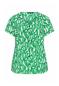 Green and white button-up top featuring a leafy pattern, short sleeves, and a V-neck design. Made of lightweight fabric.