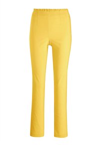 Geel getailleerde broek met een elastische tailleband, gemaakt van een gladde stof. Heeft voorzakken en een recht gesneden design.