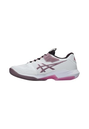 White and pink low-top athletic shoe with black inner lining and textured sole, designed for sports performance and support.