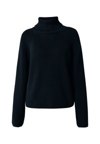 Pull à col roulé noir en maille avec une texture côtelée, manches raglan et coupe décontractée, couleur unie sans motifs ni accents.