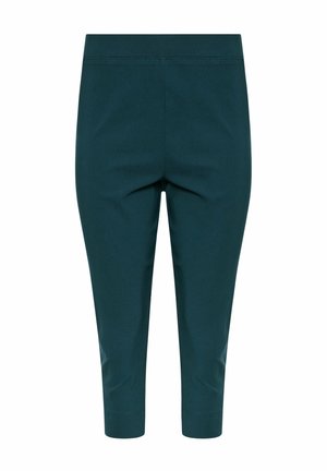 Dunkeltealfarbene, schmal geschnittene, verkürzte Hose mit hohem Bund, ohne sichtbare Taschen oder Verzierungen, vor weißem Hintergrund präsentiert.