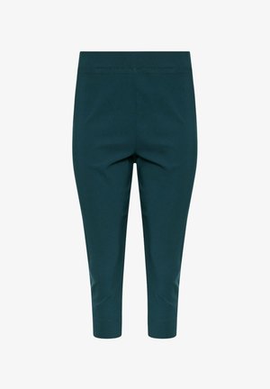 Pantaloni slim fit cropped color verde petrolio scuro con vita alta, senza tasche o decorazioni visibili, mostrati su uno sfondo bianco.