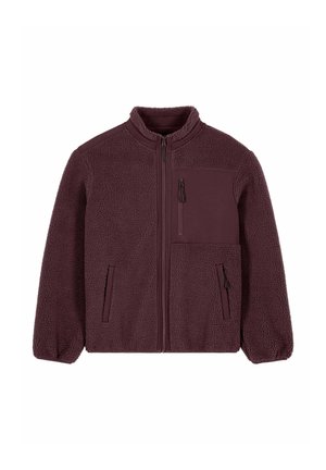 Giacca da uomo in pile color bordeaux con cerniera frontale completa, tre tasche con cerniera e polsini elasticizzati, distesa su sfondo bianco.