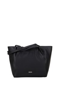 Zwarte leren tote bag met een gestructureerd ontwerp, met een slouchy silhouet, lange hengsels en een subtiele logo-accent. Soepele textuur.