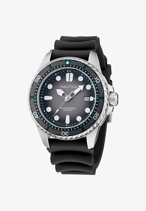 Nautica sat s nehrđajućim čeličnim kućištem, crnim silikonskim remenom, sivoj brojčaniku, luminescentnim oznakama, funkcijom datuma i rotirajućim okvirom. Vodootporna do 200m.