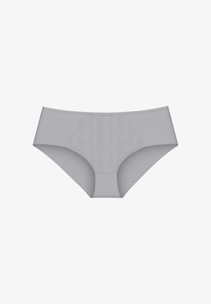 Szare damskie majtki o gładkiej fakturze, z falistym wzorem na środkowej części i zaprojektowane w kroju średniego wzrostu.