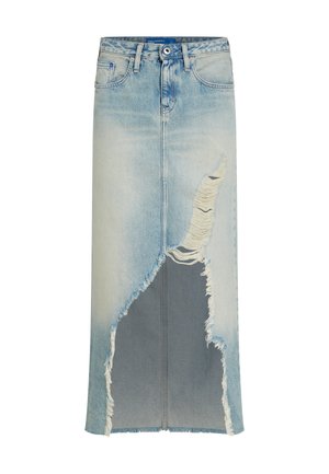 Φούστα μέσης μεσαίου μήκους από ανοιχτό μπλε τζιν, σε στυλ με πέντε τσέπες, με κούμπωμα κουμπιού και φερμουάρ, με μεγάλη ξεφτισμένη σχισμή μπροστά.