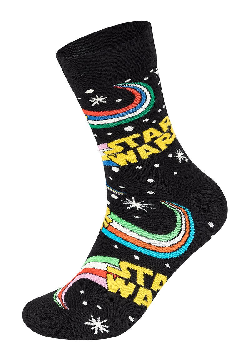 Schwarze Socken mit buntem "Star Wars"-Text und Regenbogenwirbelmustern, akzentuiert mit weißen Schneeflocken auf einem strukturierten Stoff.