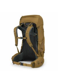 Mochila de senderismo marrón con panel trasero de malla, correas ajustables, bolsillos laterales y una tapa superior. Presenta un diseño ergonómico para mayor comodidad.