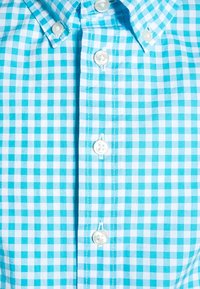 Knappad skjorta i ett ljusblått och vitt rutmönster. Tillverkad av bomull, den har en klassisk krage och synliga vita knappar.