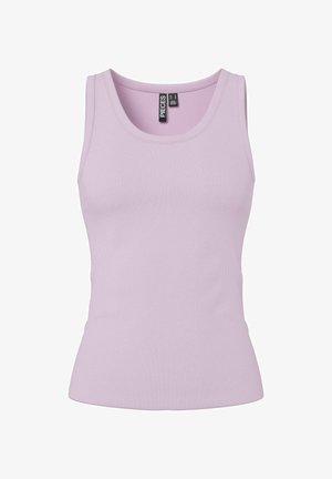 Ujjatlan bordázott trikó világos levendulalila színben, kerek nyakkivágással és testhez simuló szabással, a belső gallérján "Pieces" felirattal.