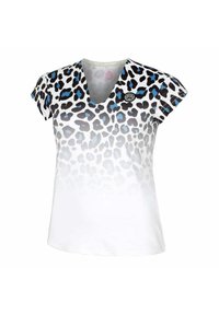 Camiseta de estampado de leopardo con diseño de cuello en V, que presenta manchas negras y acentos azules que se desvanecen a blanco. Fabricada en un tejido suave y ligero.