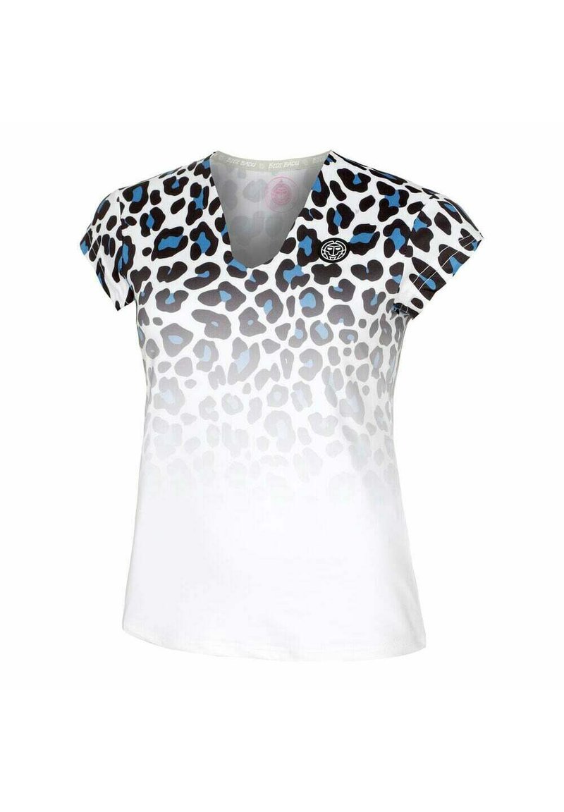 Camiseta de estampado de leopardo con diseño de cuello en V, que presenta manchas negras y acentos azules que se desvanecen a blanco. Fabricada en un tejido suave y ligero.