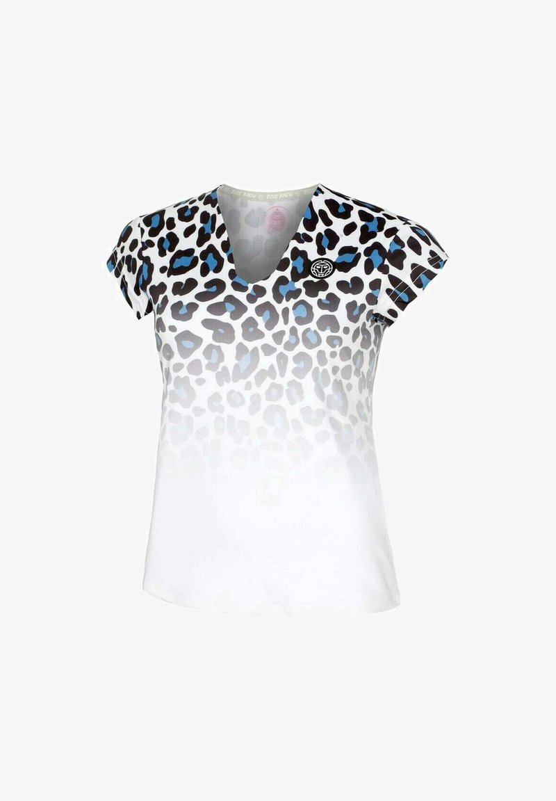 Camiseta de estampado de leopardo con diseño de cuello en V, que presenta manchas negras y acentos azules que se desvanecen a blanco. Fabricada en un tejido suave y ligero.