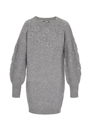 Graues Strickkleid mit rundem Ausschnitt, verziert mit floralen Mustern auf der Vorderseite und strukturierten Puffärmeln.