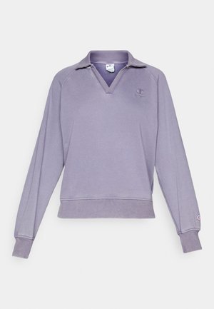 Purple sweatshirt with a v-neck and long sleeves, featuring a ribbed hem and cuffs. Includes a small logo on the left chest and on the sleeve.