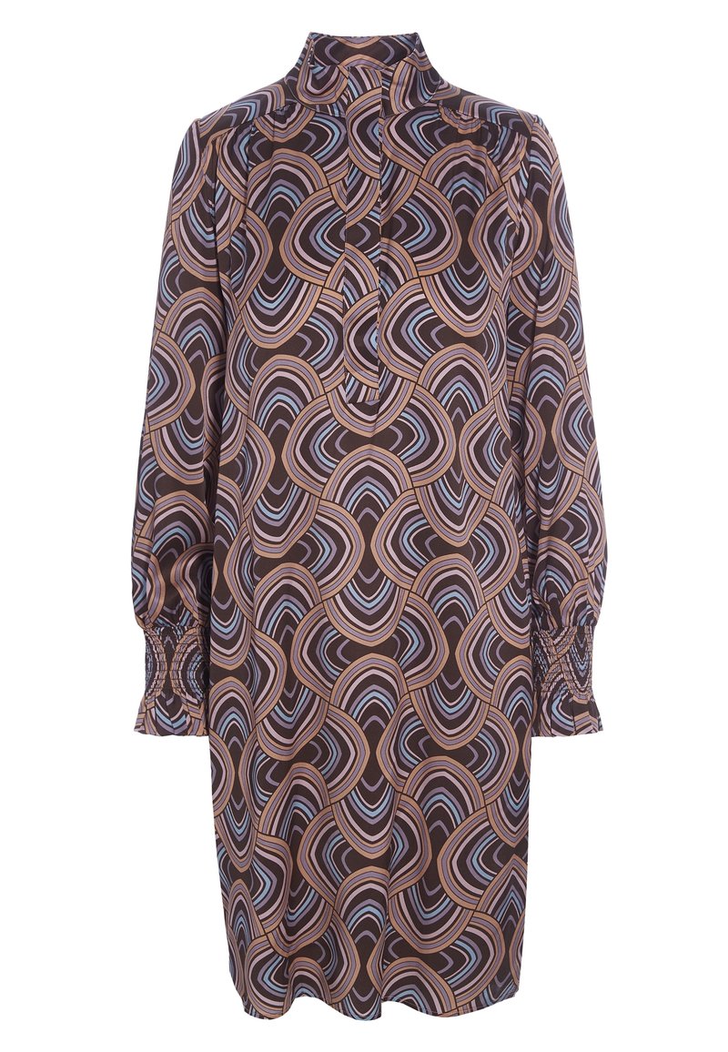 Robe à manches longues avec col montant et motif tourbillonnant géométrique en marron, violet et bleu avec poignets froncés.