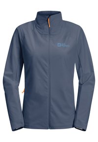 Lichte donkerblauwe jacket met een hoge kraag en een rits aan de voorkant. Kenmerkt zich door een oranje ritslus en een logo op de linkerborst.