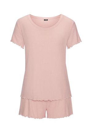 Weiches rosa geripptes Kurzarm-Top und passendes Shorts-Set mit wellenförmigem Saum, entworfen für bequeme Schlaf- oder Freizeitkleidung.