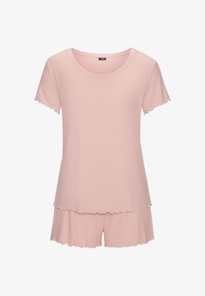 Soft pink ribbed short-sleeve top and matching shorts set with lettuce-edge hems, designed for comfortable sleepwear or loungewear.