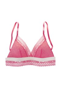 Ryškiai rožinė nėrinių bralette su reguliuojamomis satino petnešėlėmis, banguotais nėrinių kraštais ir baltu juosteliu. Minkšta, permatoma medžiaga su subtiliu raštu.