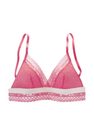 Ryškiai rožinė nėrinių bralette su reguliuojamomis satino petnešėlėmis, banguotais nėrinių kraštais ir baltu juosteliu. Minkšta, permatoma medžiaga su subtiliu raštu.