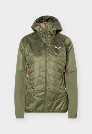 Lekka oliwkowo-zielona kurtka z kapturem z pikowaną przednią częścią, gładkimi rękawami, przednim zamkiem błyskawicznym oraz pomarańczowymi uchwytami suwaka.