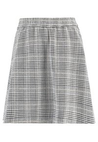 Falda de cuadros en blanco y negro con cinturilla elástica. El diseño acampanado y la tela texturizada aportan dimensión a la prenda.