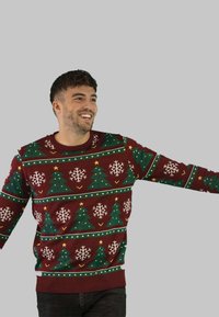 Red and green holiday sweater featuring repeating patterns of Christmas trees and snowflakes, round neckline, ribbed cuffs and hem.