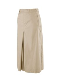 Beige kniehoge rok met een voorplooien, zijzakken en riemlussen. Gemaakt van lichte stof met een gladde textuur.