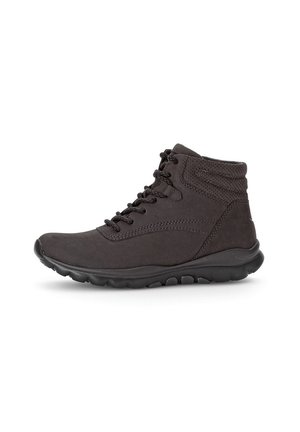 Black mid-top sneaker made of synthetic suede. Features a rounded toe, lace-up front, and textured accents on the ankle. Rubber sole.