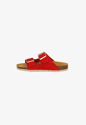 Red suede slide sandal featuring two adjustable buckle straps, a cork footbed, and a beige rubber sole. Flat, open-toe design.