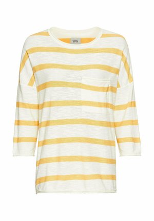 Striped long-sleeve shirt in white and yellow. Features a front pocket, round neckline, and loose fit. Made from lightweight fabric.