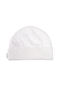 White cotton beanie hat with a soft texture, rounded top, and a wide folded cuff. Simple design without additional patterns or embellishments.