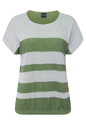 T-shirt a maniche corte con scollo rotondo, righe orizzontali verdi e bianche, tessuto testurizzato e traspirante con motivo a rete.