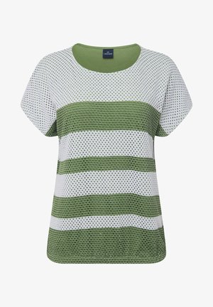 T-shirt a maniche corte con scollo rotondo, righe orizzontali verdi e bianche, tessuto testurizzato e traspirante con motivo a rete.