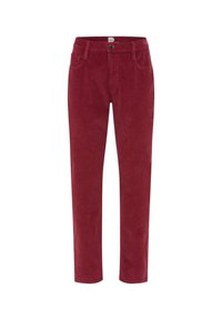 Pantaloni in corduroy rossi con vestibilità dritta, dotati di chiusura con bottone e zip, tasche frontali e superficie leggermente texture.