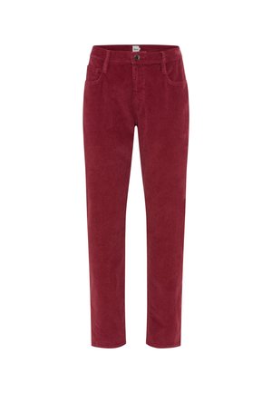 Red corduroy pants with a straight fit, featuring a button and zip closure, front pockets, and a slightly textured surface.