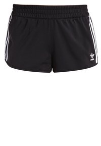 Czarne szorty sportowe wykonane z lekkiego materiału, z wzorzystą teksturą, elastyczną talią oraz białymi paskami po bokach z logo.