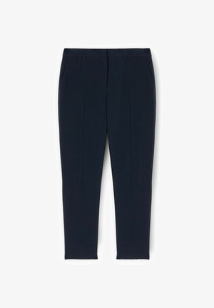 Pantalones azul marino con una textura suave, que cuentan con dos bolsillos frontales y un diseño entallado que se estrecha hacia el tobillo.