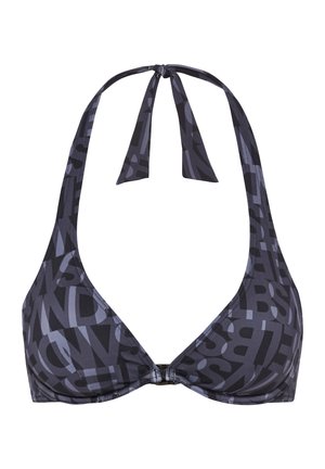 Dark gray halter bikini top with all-over abstract letter pattern and front clasp closure.