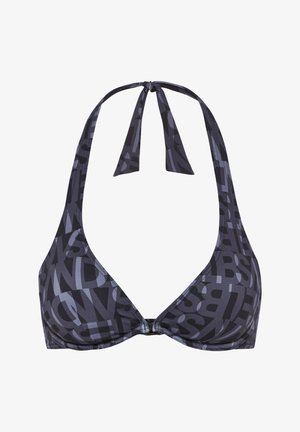 Dunkelgraues Neckholder-Bikinitop mit abstraktem Buchstabenmuster und Verschluss vorne.