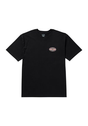 Black cotton t-shirt with a crew neck and short sleeves. Features a small, multi-colored logo patch on the chest.