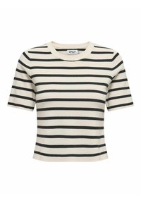 Kortærmet stribet t-shirt i crèmefarve med sorte vandrette striber, med rund halsudskæring og tætsiddende design. Glat tekstur.