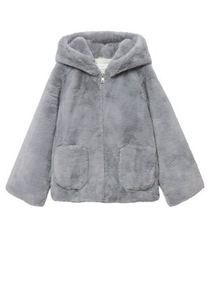 Veste à capuche en fausse fourrure gris clair avec fermeture éclair intégrale à l'avant et deux poches plaquées frontales, présentée sur fond blanc.