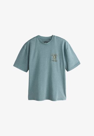 Halvány kékeszöld rövid ujjú póló kis "GRATEFUL DEAD" felirattal és koponya grafikával a bal mellrészen.