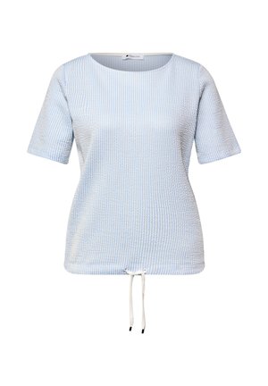 Hellblau-weiß gestreifte, kurzärmelige, strukturierte Bluse mit rundem Halsausschnitt und weißem Kordelzug am Saum.