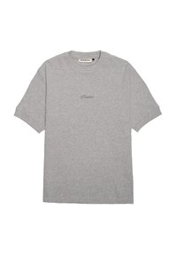 T-shirt in cotone grigio con collo rotondo, maniche corte e un piccolo logo "Proibito" in grigio scuro al centro davanti.
