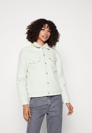 Giacca di jeans verde menta con colletto in sherpa, chiusura frontale con bottoni e due tasche sul petto. Indossata con pantaloni grigi.